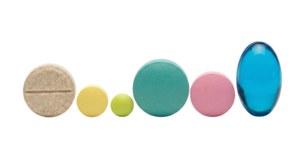 Assorted Colorful Pills and Capsules Isolated on White Background