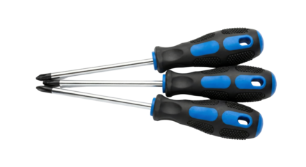Three Screwdrivers with Blue and Black Handles Isolated on White Background