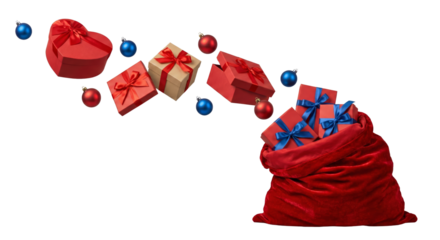 Christmas Gifts Flying Out of Santa's Red Bag with Ornaments