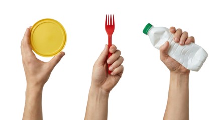 Hands holding plastic bottle, fork and lid, isolation