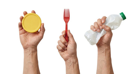 Hands holding plastic waste: bottle, fork, and lid. Recycling concept.