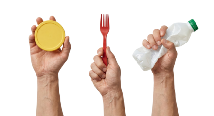 Hands holding plastic waste: bottle, fork, and lid. Recycling concept.
