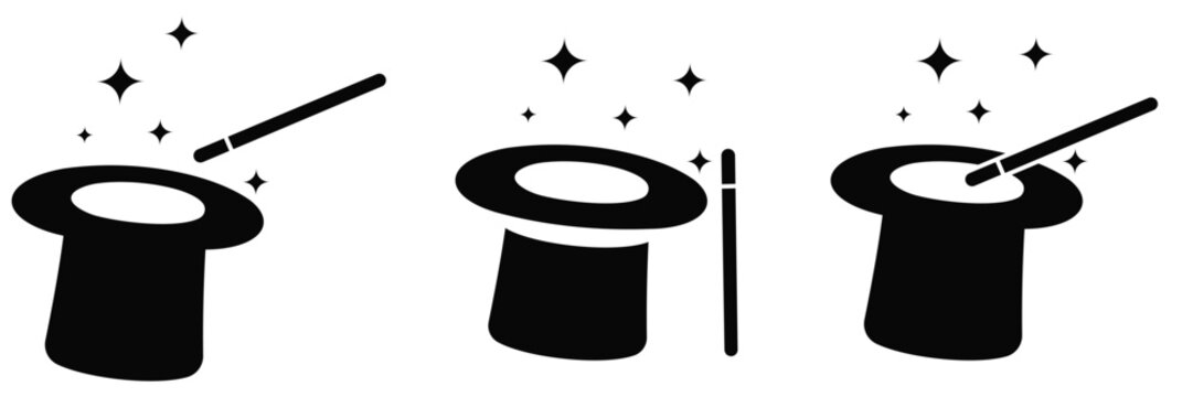 Magic Hat Icon Set with Stars &ndash; Circus, Abracadabra and Magical Trick Symbols in Flat 
and Outline Vector Style