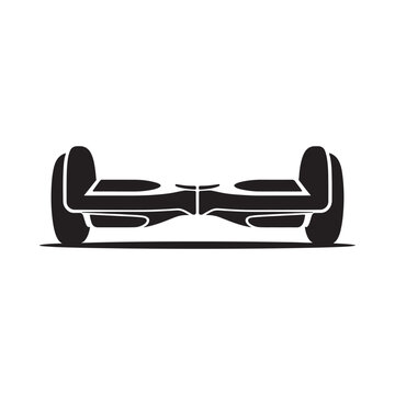 A black and white illustration of a self balancing scooter on a surface