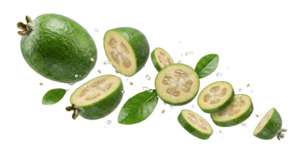 Fresh Feijoas Flying Through Air with Water Droplets and Leaves