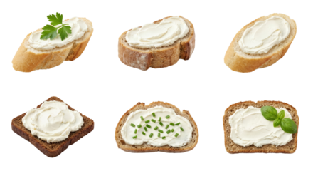 Cream Cheese Toasts with Fresh Herbs and Parsley on White Background