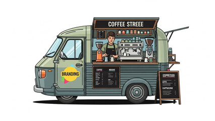 A barista serving coffee from a vibrant mobile coffee truck on a bustling street