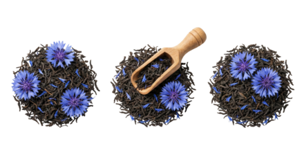 Dried Black Tea Leaves with Blue Cornflowers and Wooden Scoop