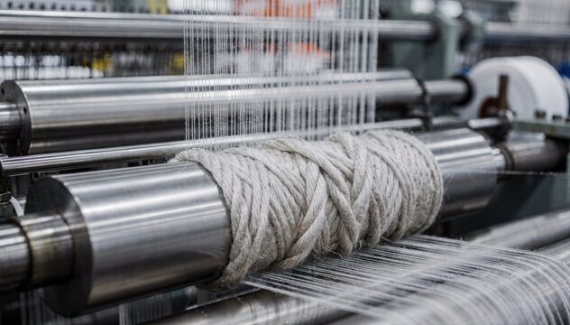 Closeup of machinery doubling and twisting threads into industrial cord yarn capturing the mechanical precision and texture transformation in a factory setting.
