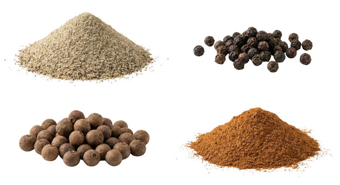 Four types of pepper: ground white pepper, black peppercorns, allspice berries, and ground cinnamon on white background