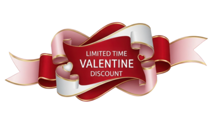 Elegant Red and Pink Ribbon Scroll Banner with Gold Trim 'LIMITED TIME VALENTINE DISCOUNT' Isolated Vector Illustration isolated PNG with Transparent Background