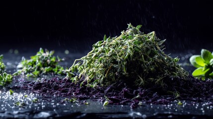 Fresh Thyme Herbs with Water Drops on Dark Surface Surrounded by Fresh Green Leaves for Culinary and Cooking Inspiration