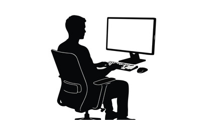 Silhouette of man sitting at desk working on computer in office chair with monitor and keyboard in modern workspace setting