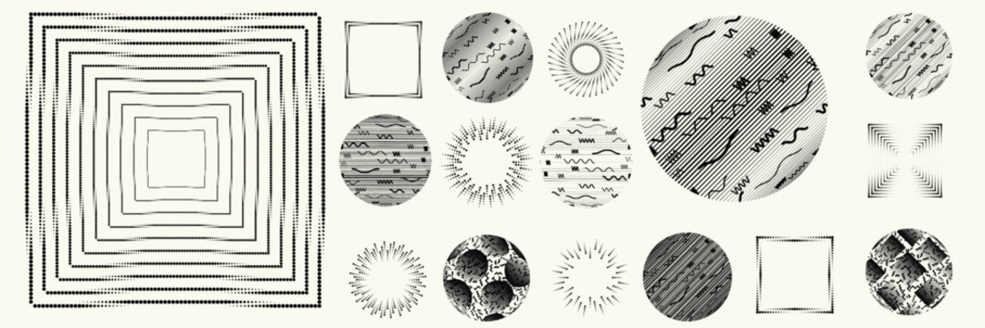 Linear, circular halftone dots circles set, dotted ring and spiral circle shapes for modern design, technology, or motion graphic backgrounds. Dotted round elements, radial spirals, and vortex.

