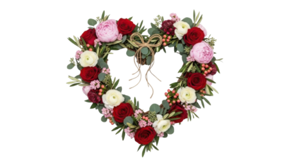 Heart Shaped Floral Wreath Arrangement with Red Roses, Peonies, and Greenery isolated PNG with Transparent Background
