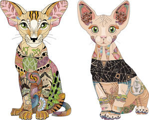 Set of stylized cats. Hand Drawn lace vector illustration