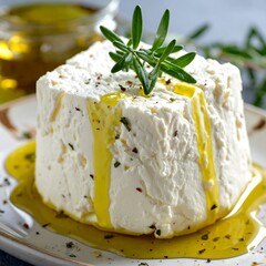 Delicious Feta Cheese with Olive Oil and Rosemary Sprig.