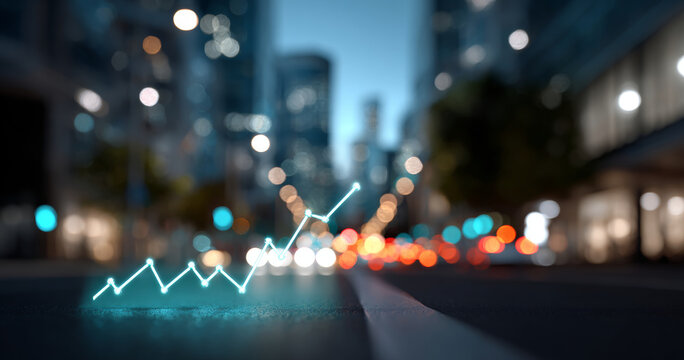 Glowing digital line graph rising on blurred city street background with bokeh lights and skyscrapers at dusk - Powered by Adobe