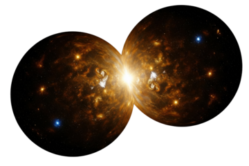 Two glowing cosmic universes colliding in deep space isolated on a transparent background