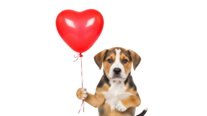 Valentine's Day Beagle puppy holding a bright red heart-shaped balloon isolated PNG with Transparent Background