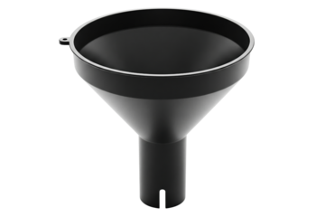 Black plastic funnel with a wide opening and narrow spout isolated on a transparent background