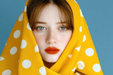 Young woman wears yellow polka dot scarf on blue background while showing red lips and looking at the camera