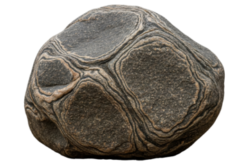 Large smooth river stone with weathered layered lines isolated on a transparent background