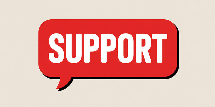 Red speech bubble with white text SUPORT on a beige background Keywords: support, help