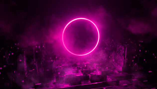 Abstract background, cosmic landscape, round portal, neon light, virtual reality, energy source, glowing round frame, dark space, ultraviolet spectrum, laser ring, rocks, ground