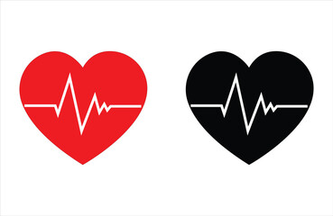 Heart Rate Pulse ECG Line in Red and Black Heart Icon Medical Vector Symbol.