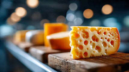 Cheese wheels aging on shelves in a traditional cheese storage, showcasing artisanal dairy production and food craftsmanship