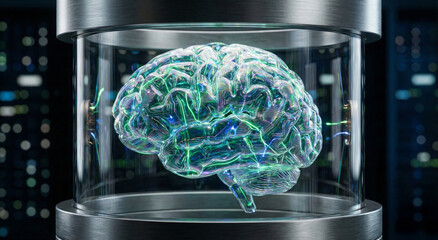 Futuristic glowing digital brain in a glass capsule inside a data center, artificial intelligence and deep learning concept