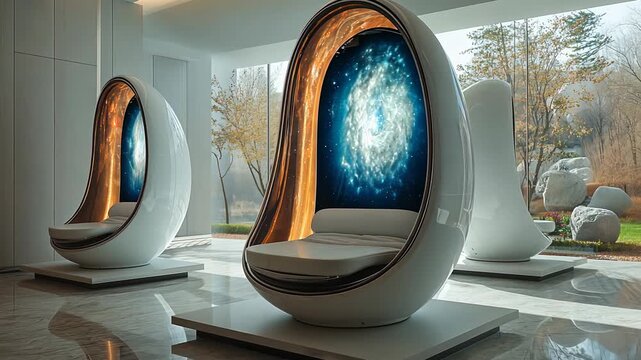 Three futuristic egg-shaped chairs in a modern lobby with galaxy displays.