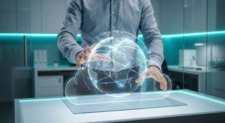 Businessman interacting with holographic globe and cloud computing icon, futuristic global network technology concept