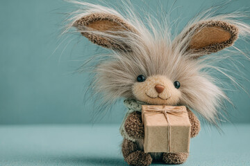 Adorable bunny in holding a gift box, holiday joy concept.