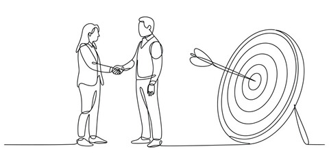 Achieving business goals through successful partnership depicted in a continuous line art drawing