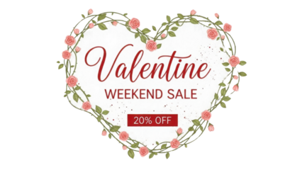 Romantic Floral Heart Wreath Vector Badge for 'Valentine WEEKEND SALE 20% OFF' isolated PNG with Transparent Background