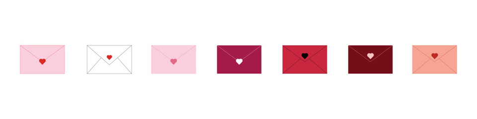 Love letter envelope icons with heart seal in varied colors for Valentine messaging wedding invitations romance notes email marketing and relationship celebration graphics