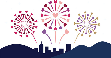 Fototapeta premium Cityscape with heart-shaped fireworks in sky, romantic celebration concept, Valentine’s Day theme, flat vector illustration, love design