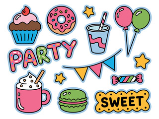 Colorful Party Food and Drink Illustrations for Kids' Birthday Celebrations