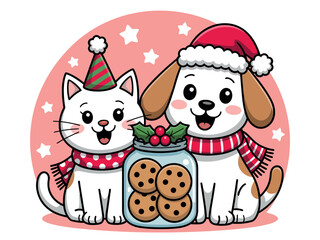 Festive Cat and Dog Sharing Cookies