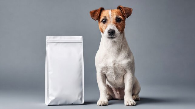 Adorable Jack Russell Terrier Posing Beside a Blank White Pet Food Bag