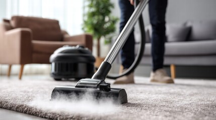 Person steam cleaning a carpet in a living room