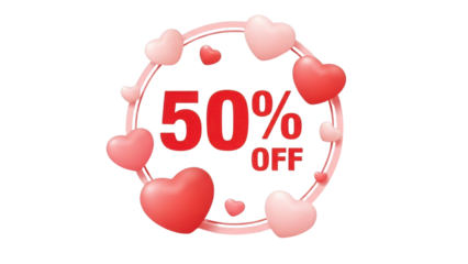 Modern 50% OFF Sale Discount Badge with Red and Pink 3D Hearts Illustration isolated PNG with Transparent Background