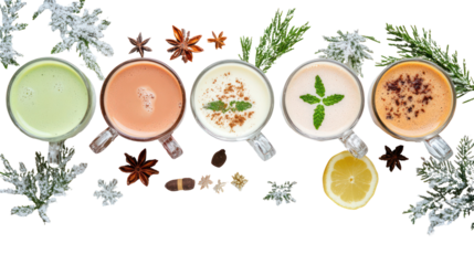 Five festive holiday drinks on transparent background