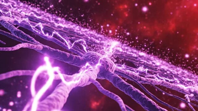 A vibrant purple neuron fires electric signals through its extensive network against a dramatic red and black background in this captivating video.