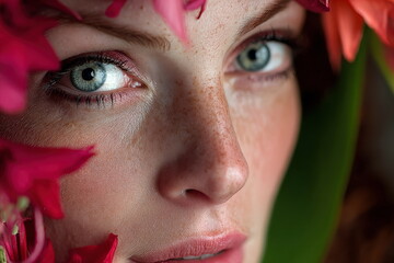 Close view of a person with bright eyes surrounded by colorful flowers in a natural setting during daylight