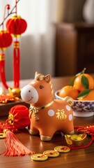 Cute Horse Figurine with Gold Coins and Red Lanterns, Chinese New Year Year of the Horse Festive Still Life