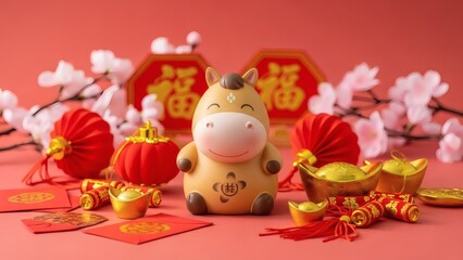 Cute Horse Figurine with Gold Ingots, Red Lanterns and Cherry Blossoms, Chinese New Year Year of the Horse Festive Celebration