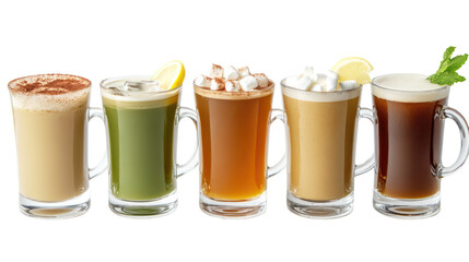Assorted coffee and tea drinks on transparent background